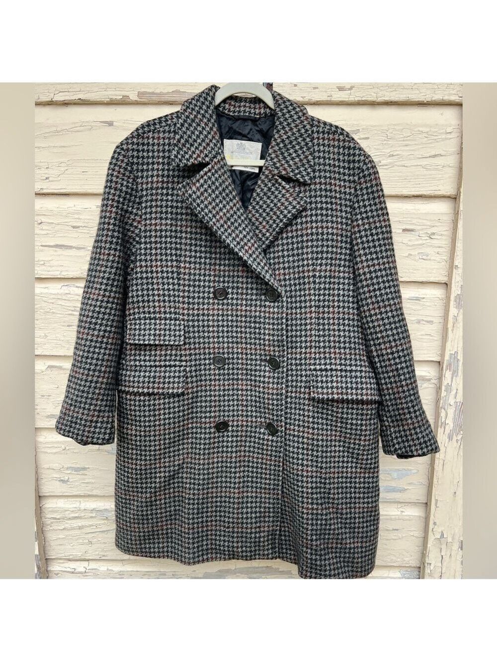 Vintage Aquascutum 100% Virgin Wool Houndstooth Double-Breasted Business Coat